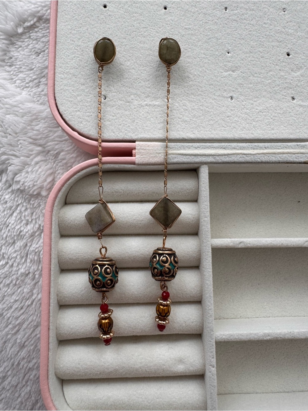 Zara Olive and Gold Long Dangle Earrings with Red Accents